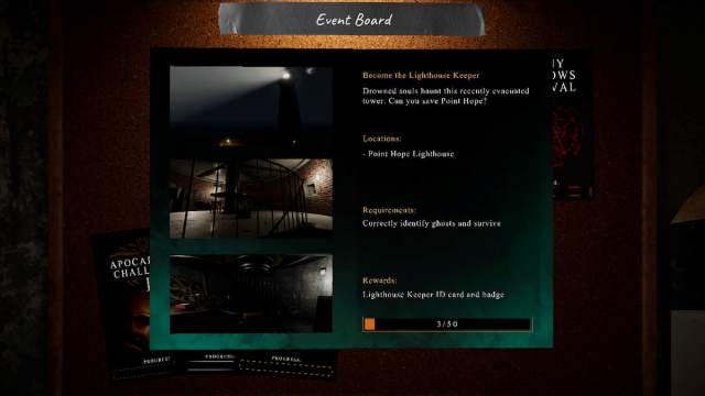 The Lighthouse Keeper Badge information on the event board in Phasmophobia.