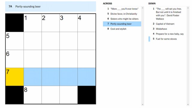 The Portly-sounding beer clue highlighted on the NYT Mini Crossword.