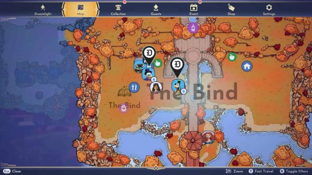 Goofy and Scrooge McDuck's locations in The Bind marked on a map in Disney Dreamlight Valley.