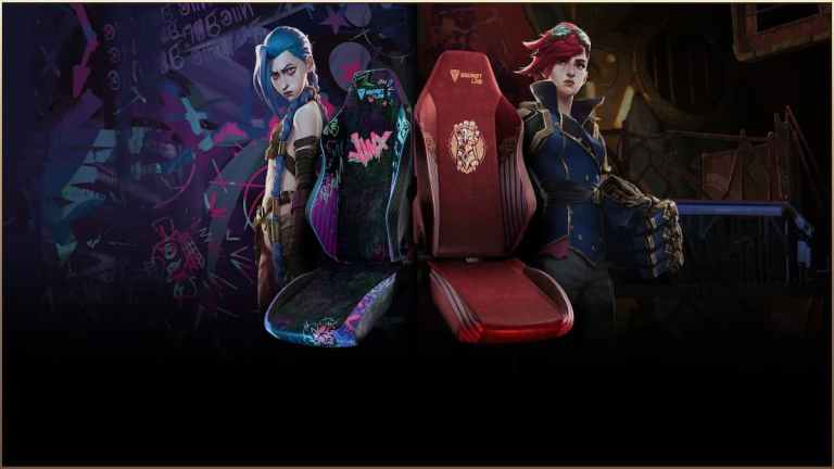 Secretlab Jinx and Vi chair skins with each character standing next to her own. Jinx has neon and blue accents and looks sad and pale, while Vi is powerful and collected.