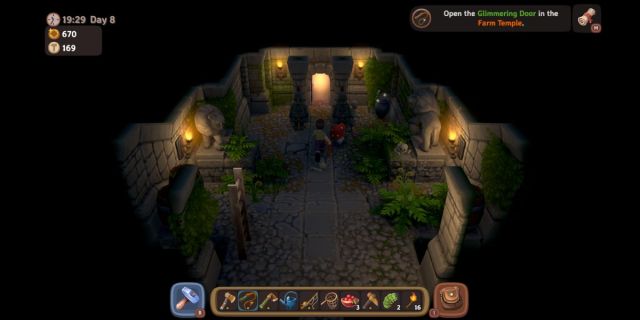 Walkthrough screenshot of Luma Island Farm Temple showing path, player character, and treasure.