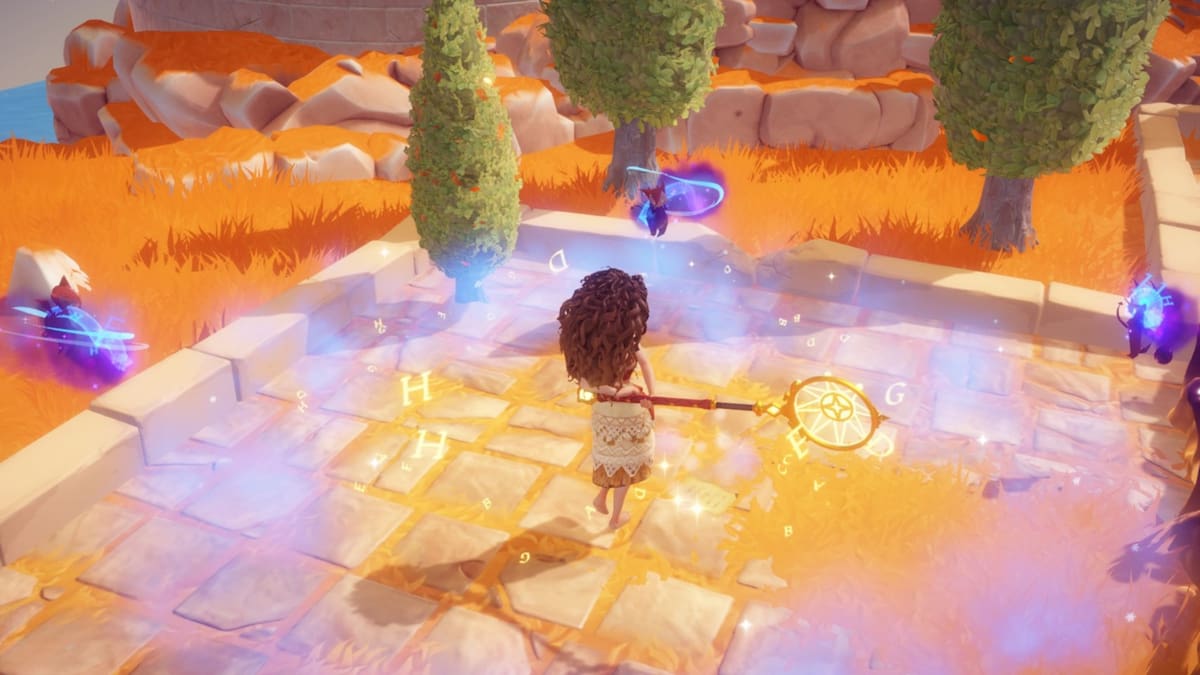 Aa player holding a golden Royal Net spinning in a circle with three floating Demon Snippets surrounding them in Disney Dreamlight Valley.