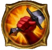 The icon for Strength in The Bazaar, showing a red hand clutching the hilt of a sword.