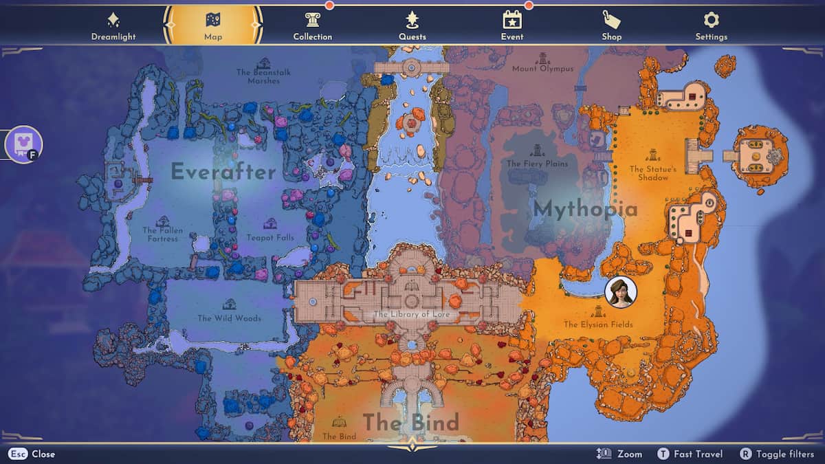 A full map of The Storybook Vale in Disney Dreamlight Valley.