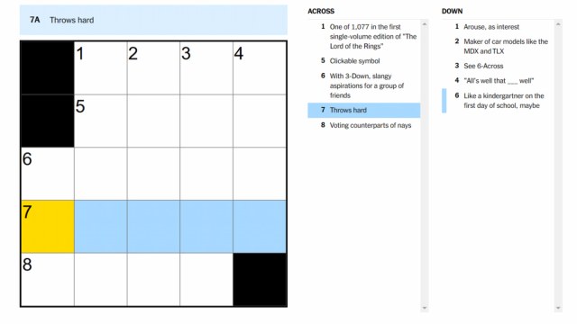 The Throws hard clue highlighted on the NYT Mini Crossword.