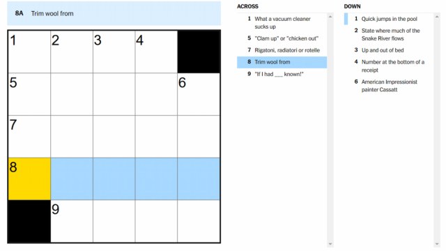 The Trim wool from clue highlighted on the NYT Mini Crossword.