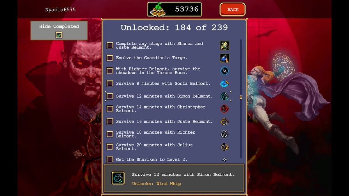 The Unlocks menu in Vampire Survivors.