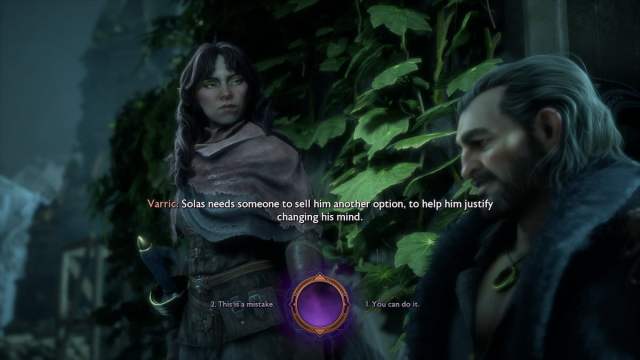 Facing the decision of whether to tell Varric this is a mistake or you can do it in Dragon Age The Veilguard.