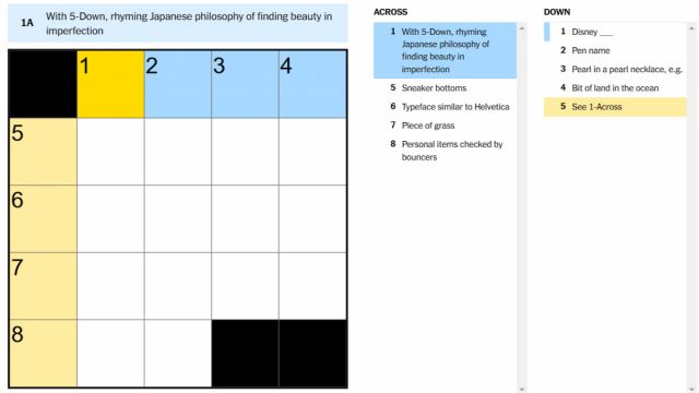 The With 5-Down, rhyming Japanese philosophy of finding beauty in imperfection clue highlighted on the NYT Mini Crossword.