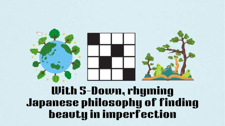 The earth and a small forest garden next to the With 5-Down, rhyming Japanese philosophy of finding beauty in imperfection clue for the NYT Mini Crossword.