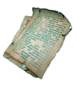 A stack of yellowed papers with blue text on them in Palworld.