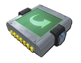 The Curve Module, a dark grey square with a green square on top of it and an arrow pointing to the right