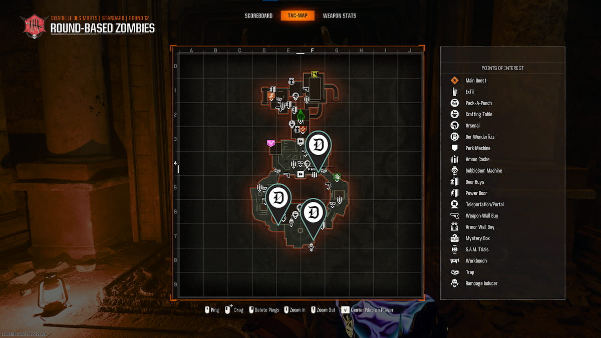 A map screenshot with the locations of all the braziers to find for the Dragon Sword in Black Ops 6