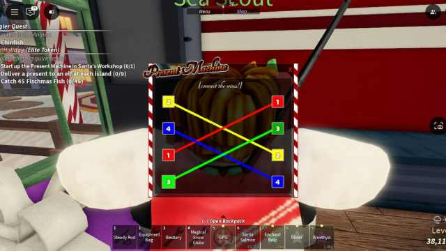 Picture showing the solution to fixing the Santa workshop machine in Fisch.