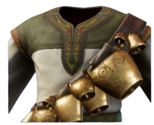 A green and white shirt with a bunch of golden metal bells attached to a chest strap. This is the Fluffy Tunic from Enshrouded.