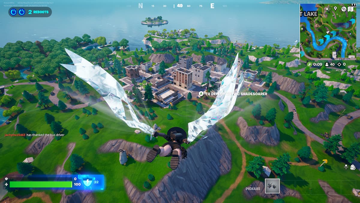 character glides down to Tilted Towers in Fortnite Reload