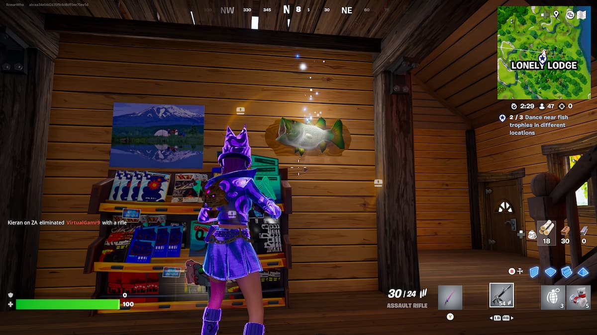 dancing at a fish trophy in lonely lodge in fortnite og