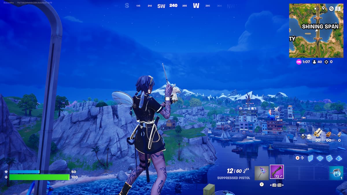 Fortnite character in black with wings doing the Llama Bell dance overlooking a river and city
