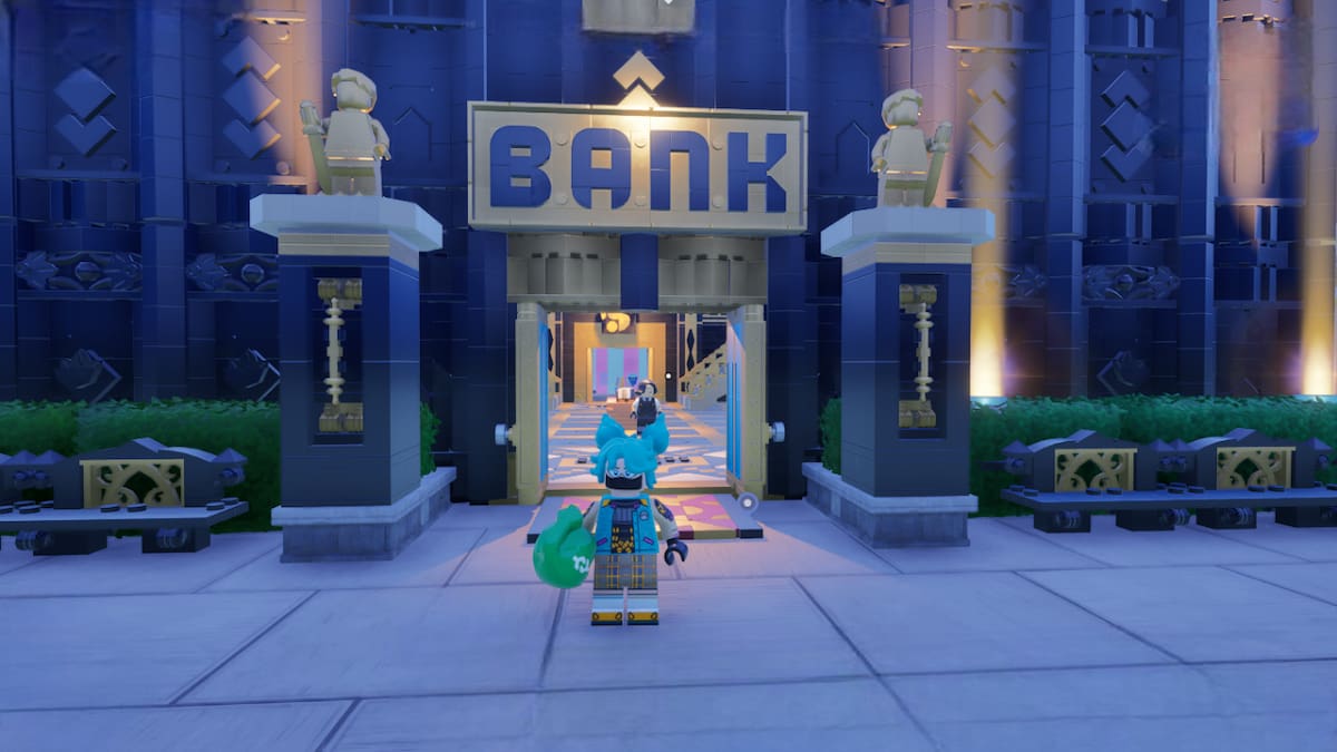 Picture showing player in Fortnite Brick Life standing in front of bank with a bag of cash.