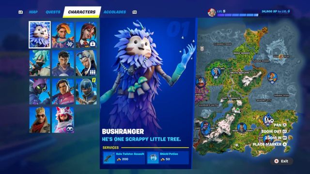 The Bushranger NPC shown on the Fortnite map with services provided.