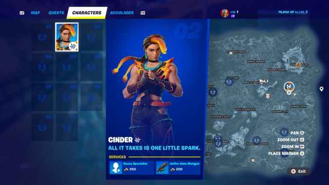 The NPC Cinder shown on the Fortnite map with provided services