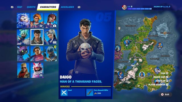 The NPC Daigo shown on the Fortnite map alongside services provided.