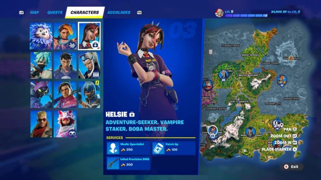 The NPC Helsie shown on the Fortnite map alongside services provided.