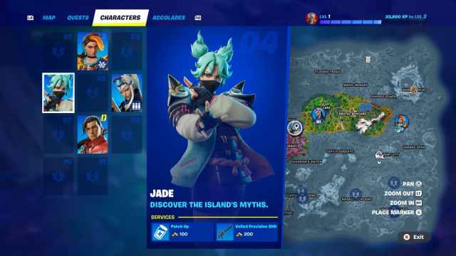 The NPC Jade shown on the Fortnite map alongside services they provide.