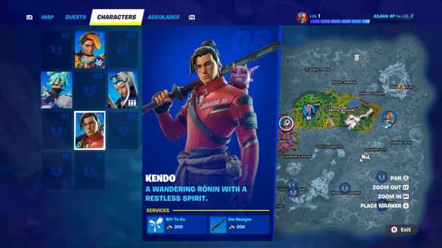 The NPC Kendo shown on the Fortnite map with provided services