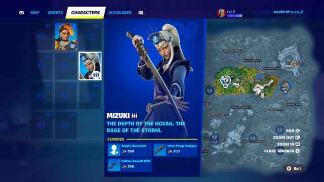 The NPC Mizuki shown on the Fortnite map with provided services