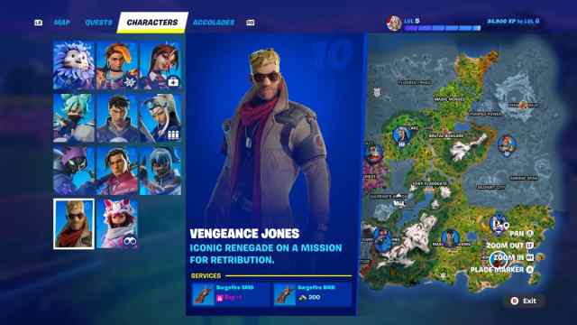 The Vengeance Jones NPC shown on the Fortnite map alongside provided services.