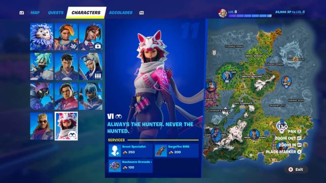 The Vi NPC shown on the Fortnite map alongside provided services.