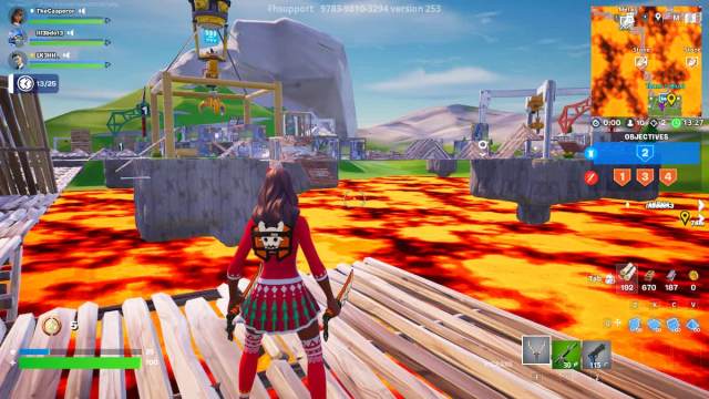 Picture showing the player going over the lava to destroy enemy beds in bed wars in Fortnite Chapter six.