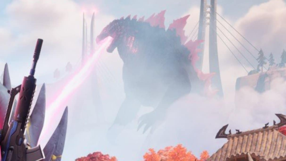 Godzilla approaching the Fortnite island in the background of an image