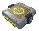 The Homing Module, a grey square with a yellow square on top of it and a reticle 
