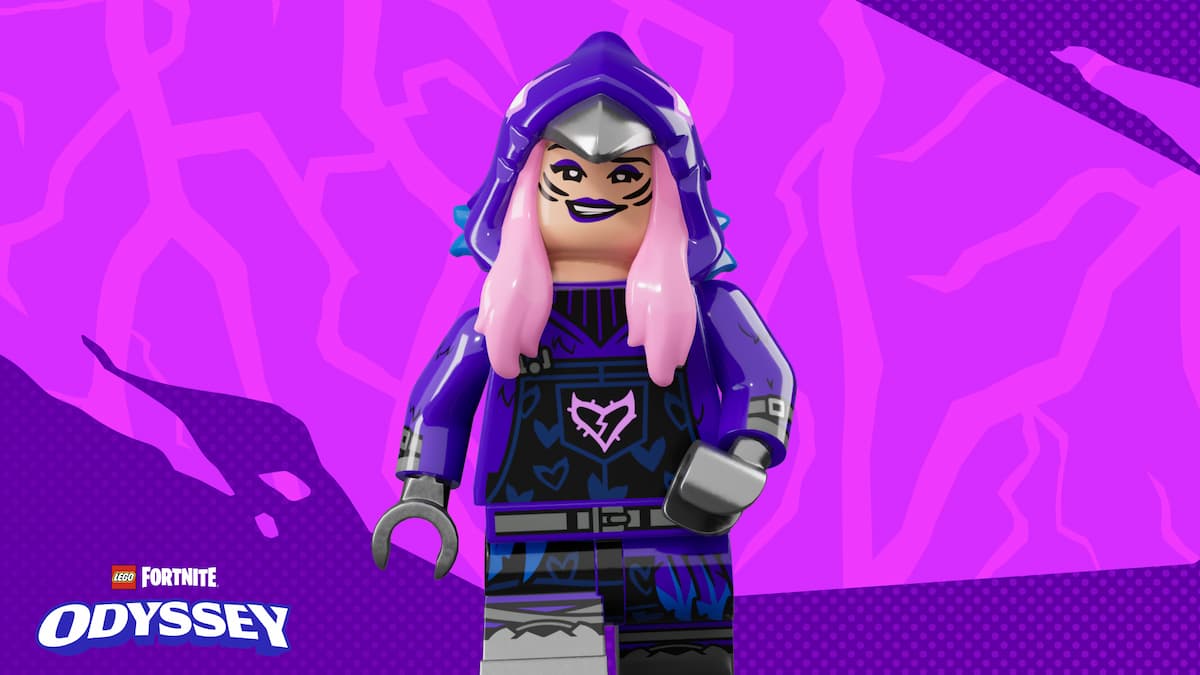 An image of Raven Team Syd, a skin from the chill and thrill lego fortnite pass. This skin features a girl with pink hair in a raven team outfit.