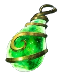 A bright green tear drop-shaped bottle from Palworld with a gold spiral accent wrapping around it. This is the Stout Fruit item from Palworld.