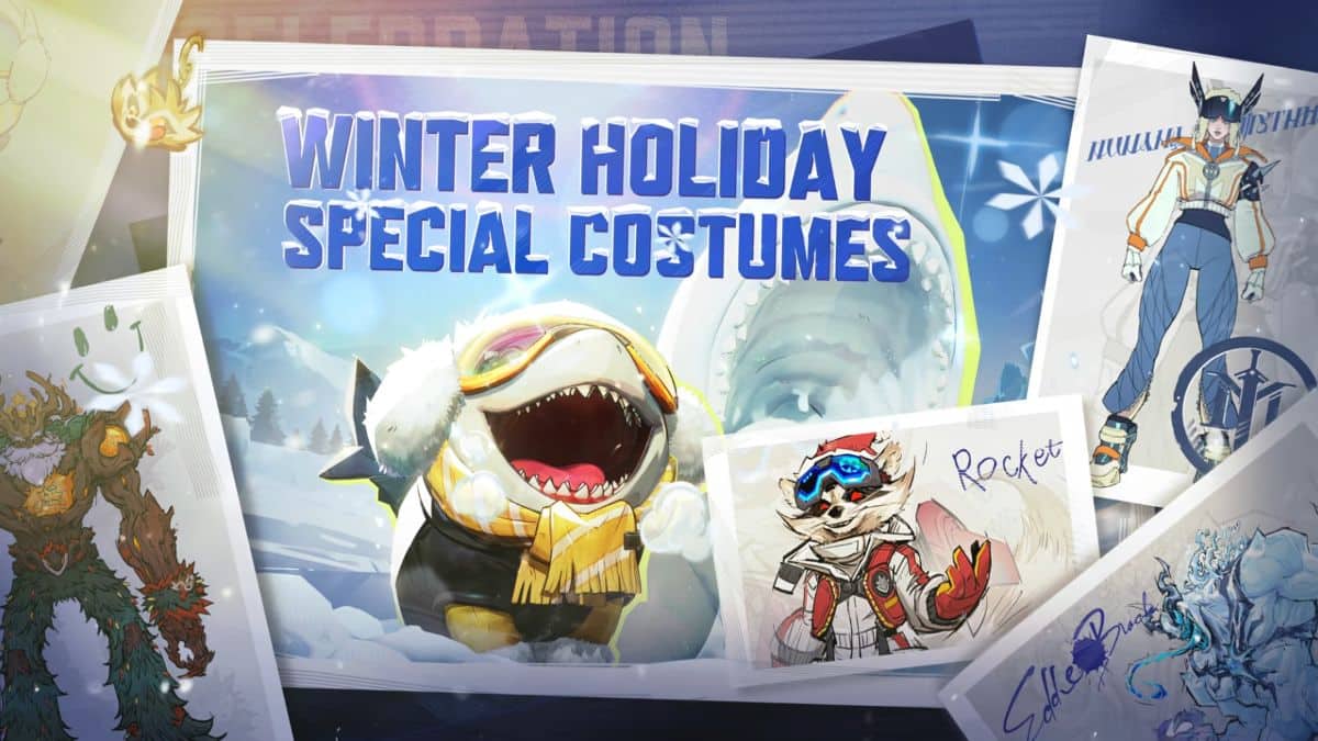 An image from the Marvel Rivals Winter Celebration, that includes the new skins for Jeff the Land Shark, Magik, Venom, Rocket, and Groot.