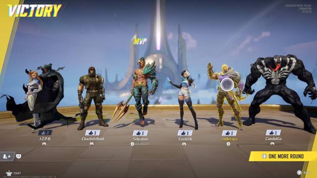 Victory screen with player highlighted in golden outline to view their match highlight in Marvel Rivals