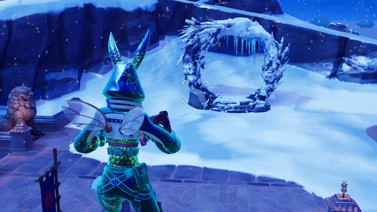 character in green looking at a frozen portal in a snowy area