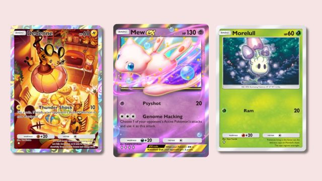 Dedenne, Mew ex, and Morelul Pokémon TCG Pocket cards on plain background.