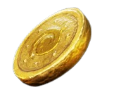 A gold coin with a spiral design in the middle.