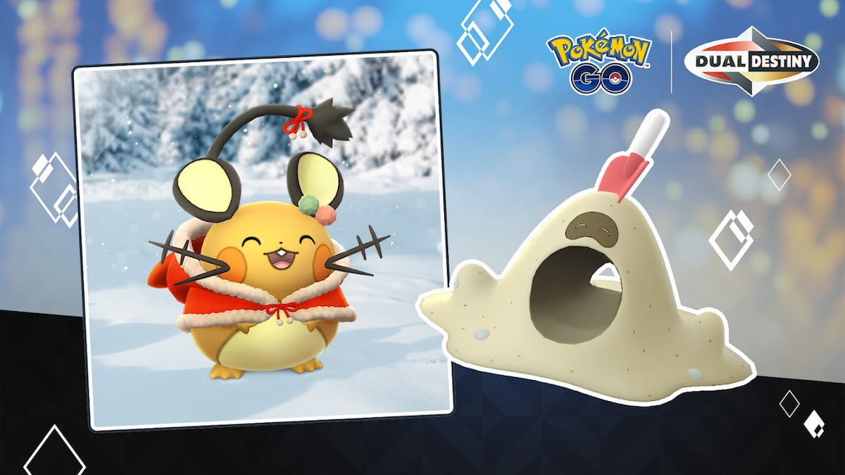Promotional art for Holiday Part 1 Shore Thing in Pokemon Go, showing a Dedenne and a Sandygast