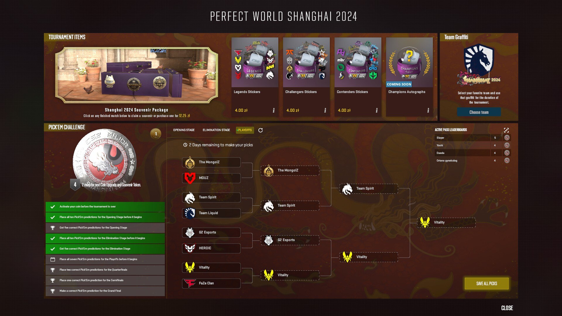 Pick'Ems for Shanghai Major CS2 playoffs.