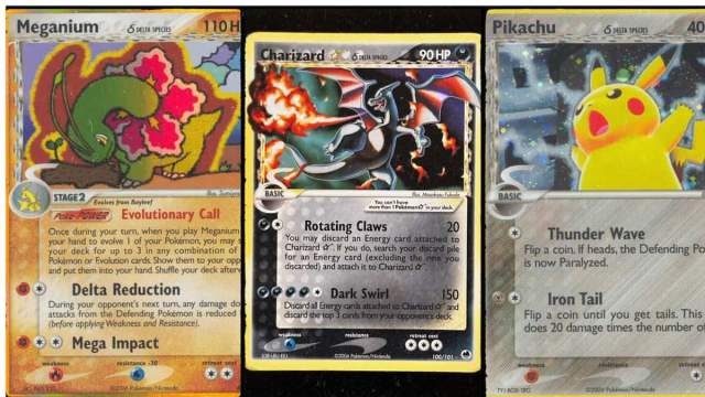 Meganium, Charizard, and Pikachu Delta Species cards from the Pokémon TCG