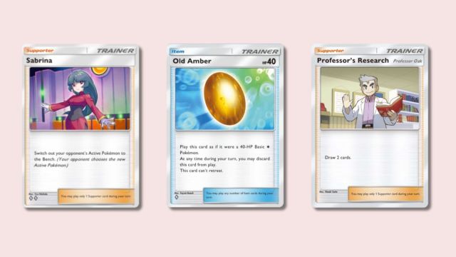 Sabrina, Old Amber, and Professor's Research Pokémon TCG Pocket cards.