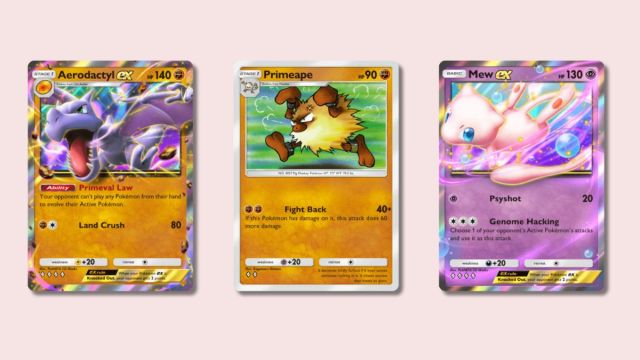 Aerodactyl ex, Primeape, and Mew ex Pokémon TCG Pocket cards.