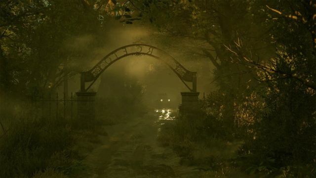 A car driving towards a gate in Alone in the Dark 2024.