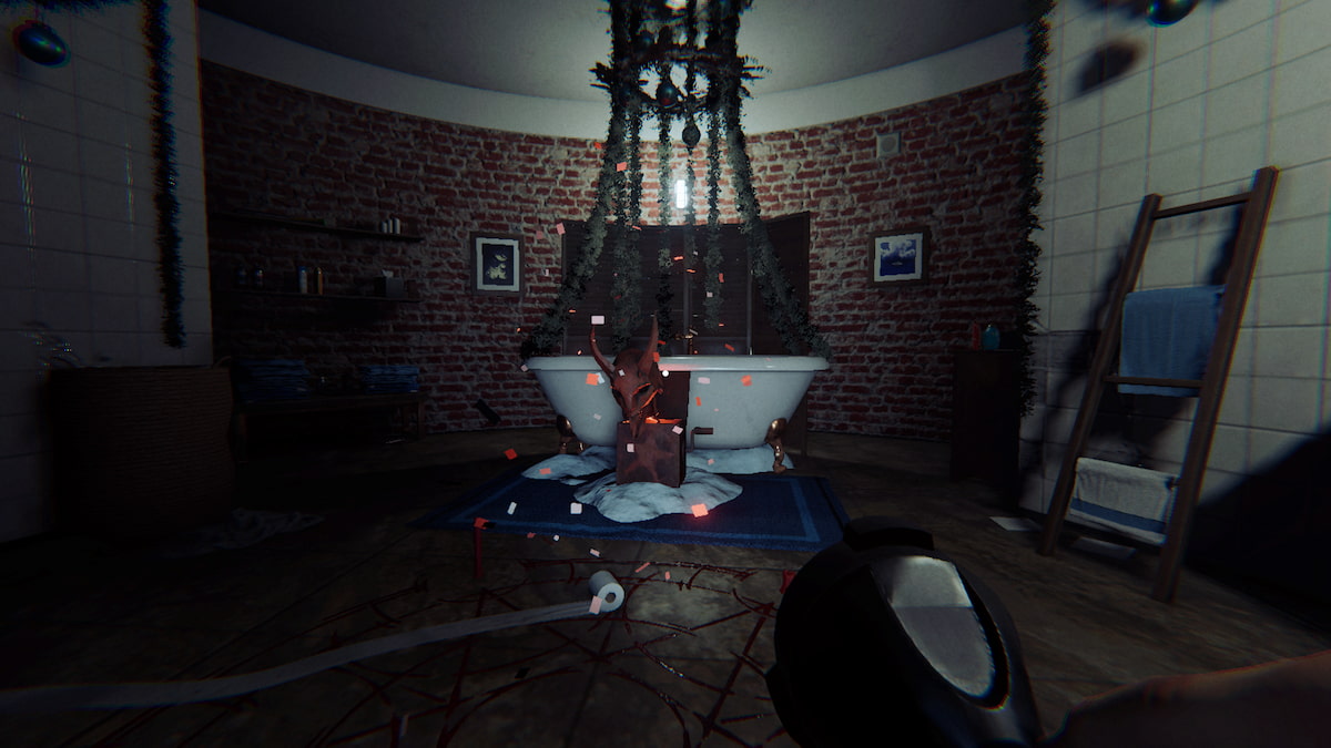 a krampus box on the floor by a bathtub in phasmophobia.