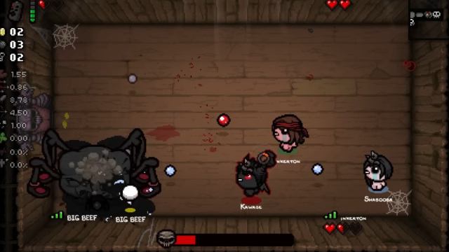 Binding of Isaac co-op gameplay with 3 players against a boss